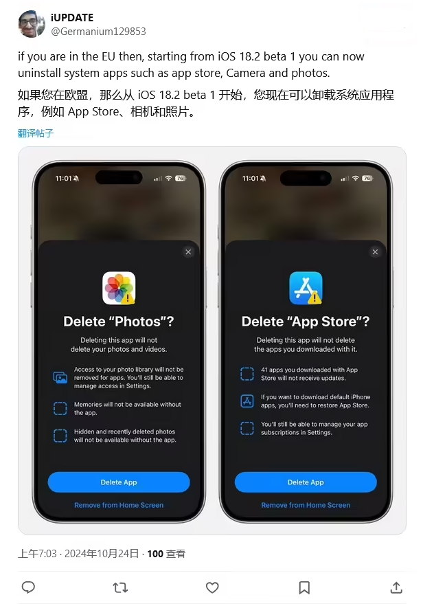 南开乡苹果手机维修分享iOS 18.2 支持删除 App Store 应用商店 